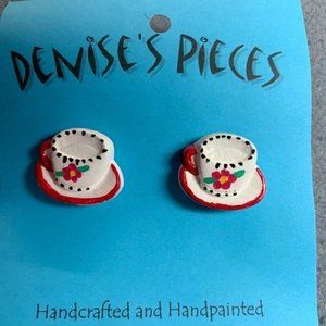 Tea Cup Earrings Pierced White Red Flower Yellow Plaster Handmade Hand Painted